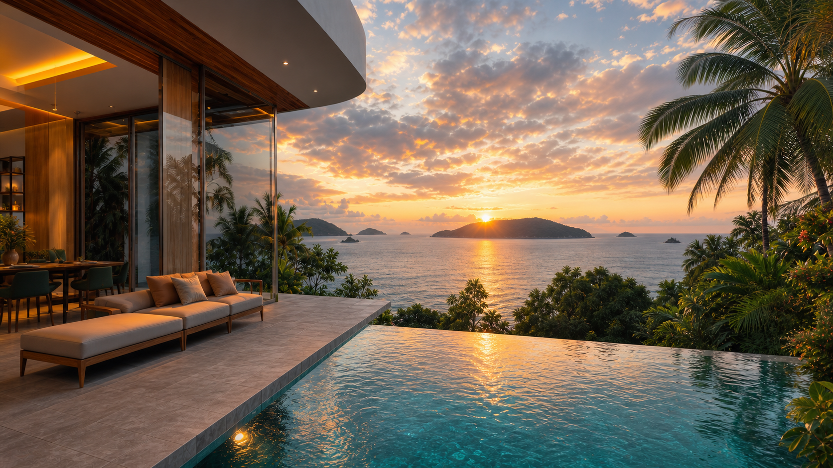 Sunset over a Phuket sea-view villa and infinity pool